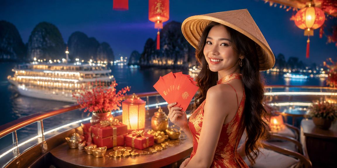 Phong bì đỏ thưởng may mắn và nón lá tại Vịnh Hạ Long trong mùa lễ hội